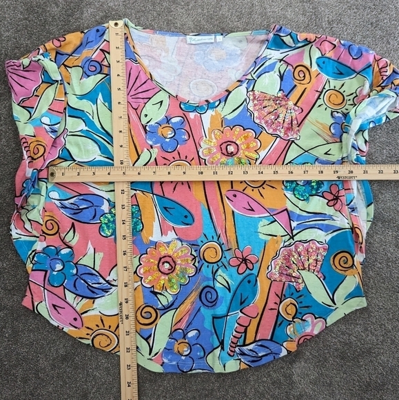 LULU-B floral bird print sequin cotton multicolor Tshirt batwing size Small - Picture 7 of 11